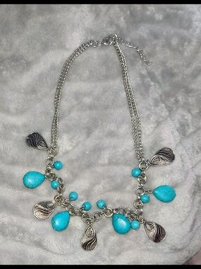 Silver Chain Necklace with Turquoise Teardrop Charms